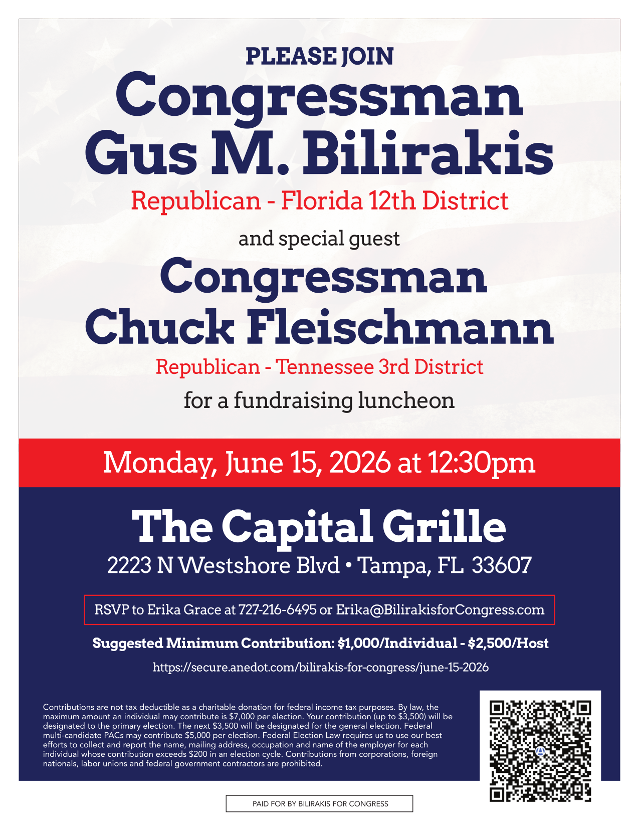 Invitation: Fundraising luncheon with Congressman Gus Bilirakis and Congressman Chuck Fleischmann, Monday June 15, 2026 at The Capital Grille, Tampa