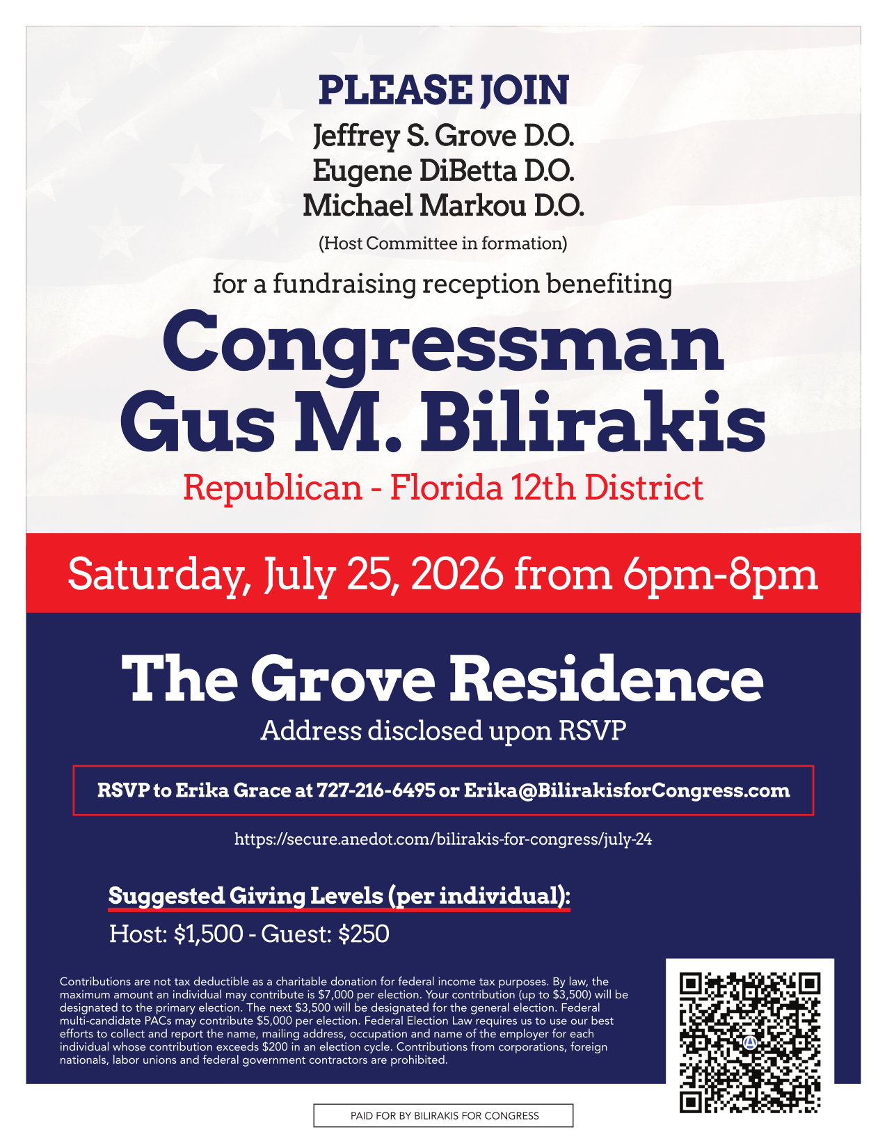 Invitation: Fundraising reception benefiting Congressman Gus Bilirakis, Saturday July 25, 2026 6-8 PM at The Grove Residence, address disclosed upon RSVP