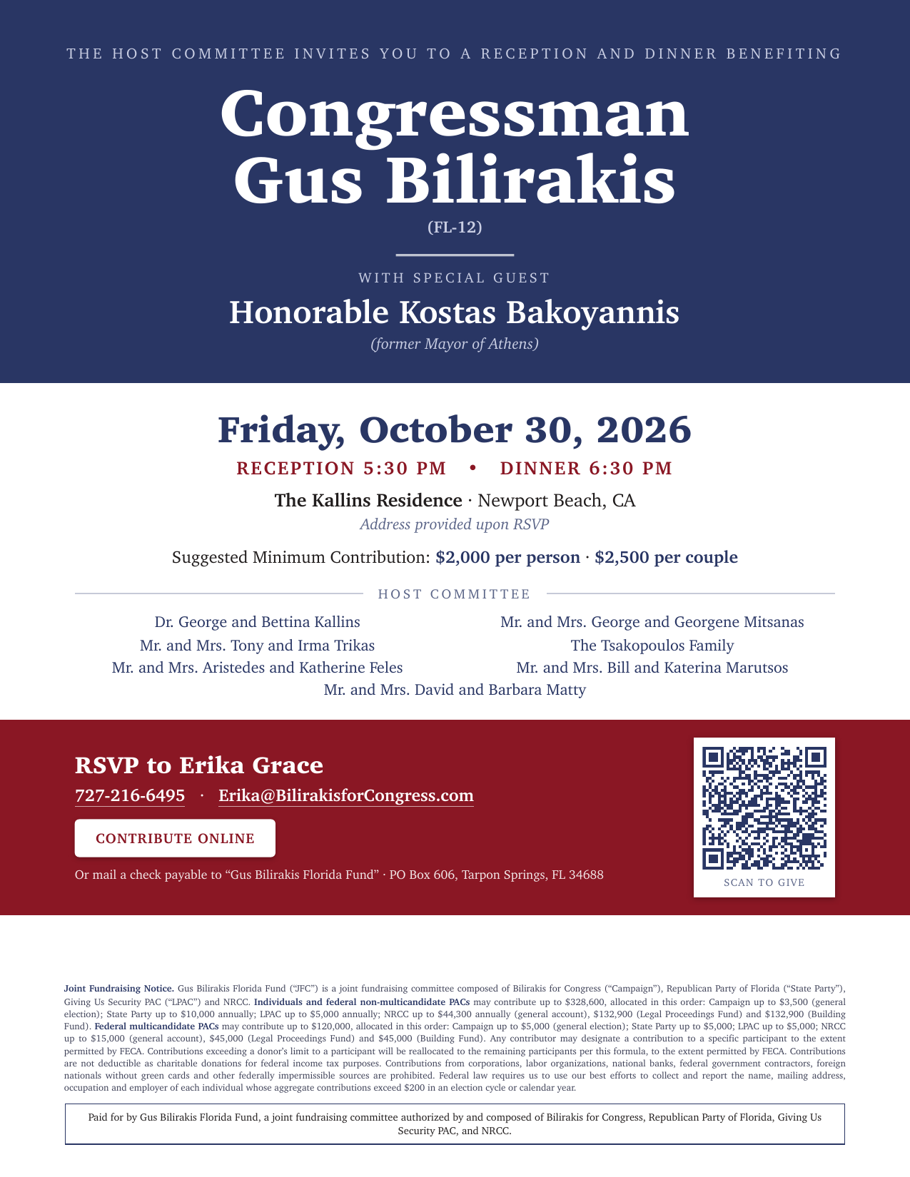Invitation: Reception and dinner benefiting the Gus Bilirakis Florida Fund, Friday October 30, 2026 at the Kallins Residence, Newport Beach, CA