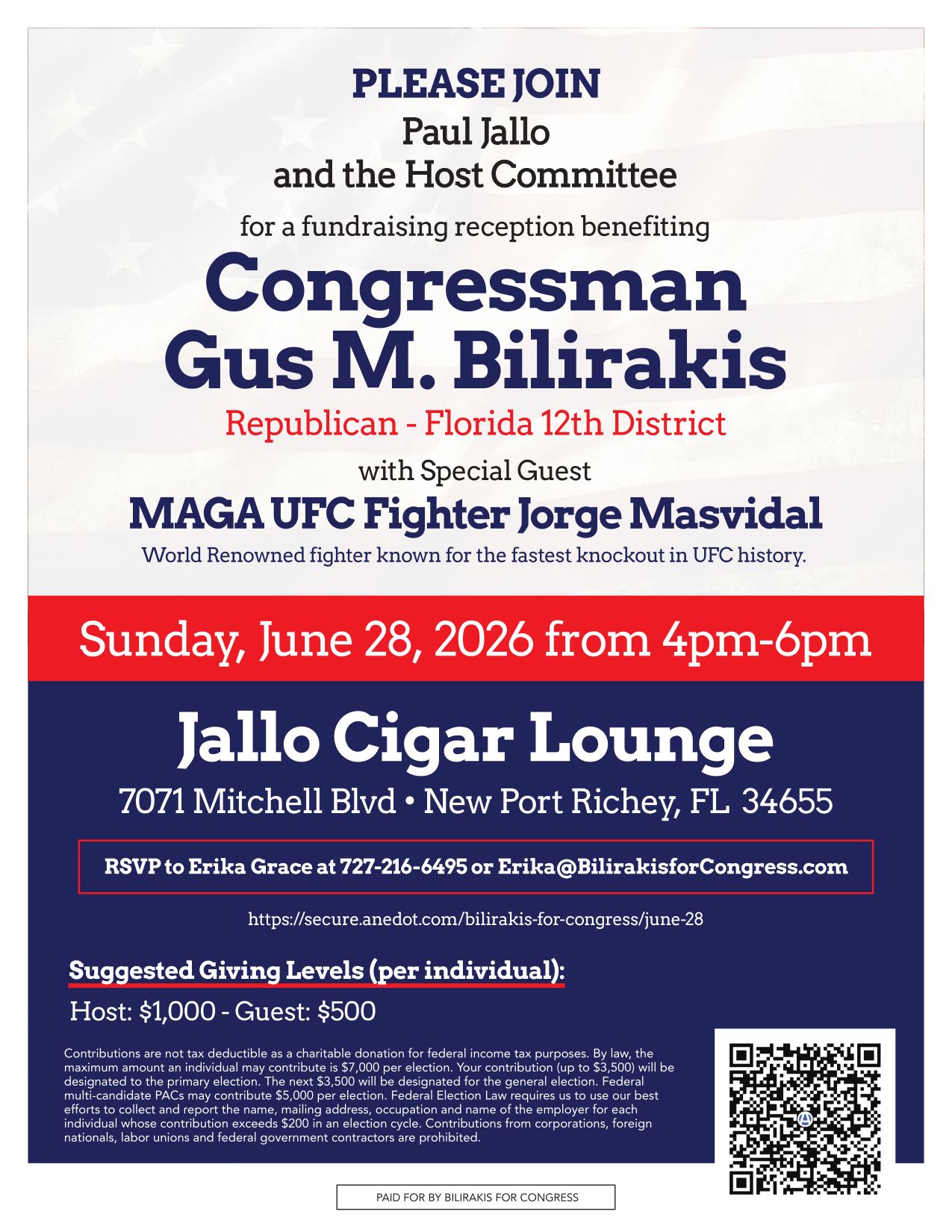 Invitation: Fundraising reception benefiting Congressman Gus Bilirakis with special guest UFC fighter Jorge Masvidal, Sunday June 28, 2026 4-6 PM at Jallo Cigar Lounge, New Port Richey