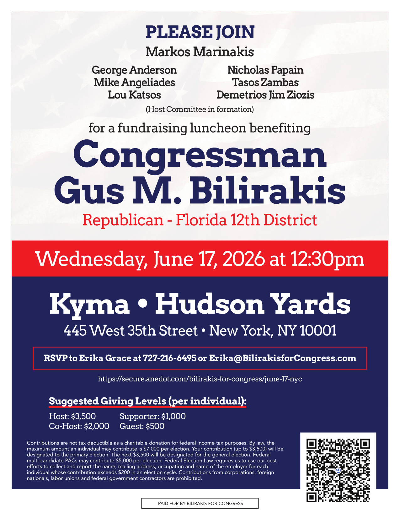 Invitation: Fundraising luncheon benefiting Congressman Gus Bilirakis, Wednesday June 17, 2026 at Kyma Hudson Yards, New York