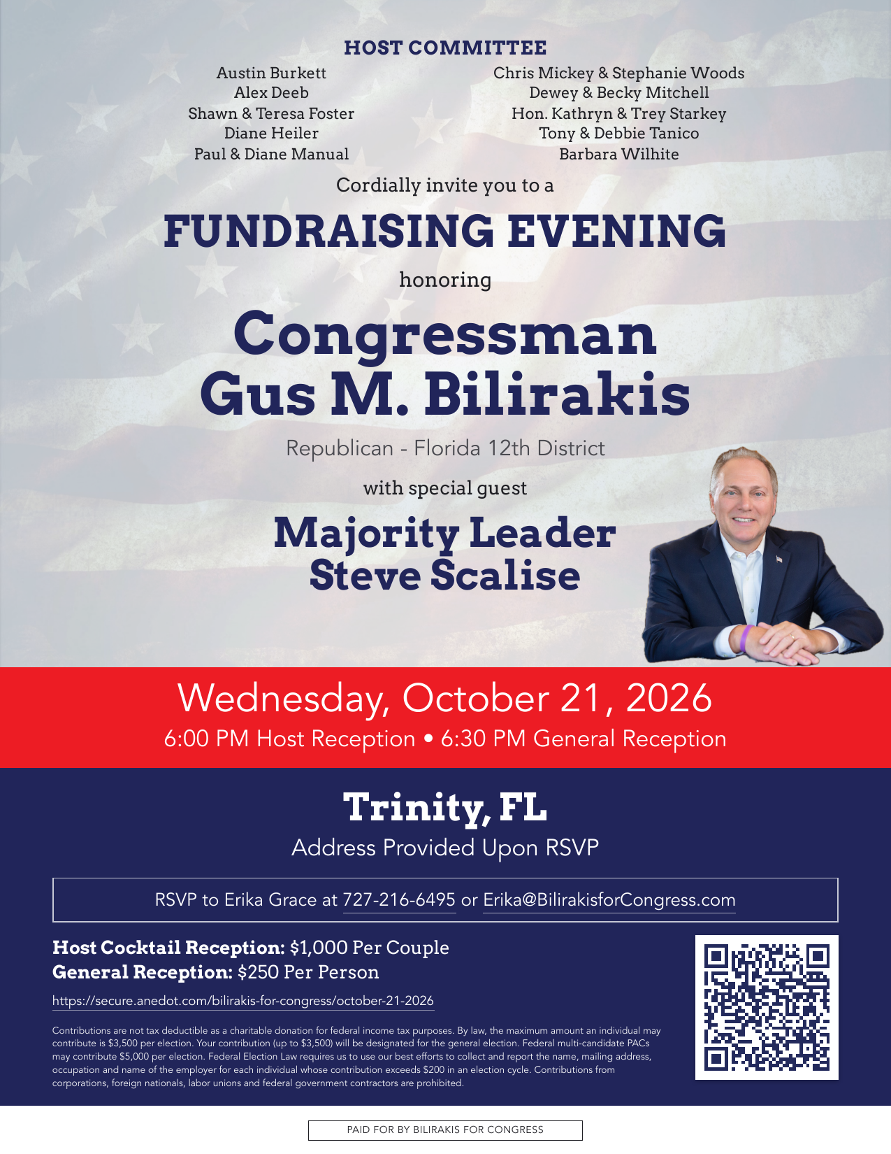 Invitation: Fundraising evening honoring Congressman Gus M. Bilirakis with special guest Majority Leader Steve Scalise, Wednesday October 21, 2026, Trinity, FL