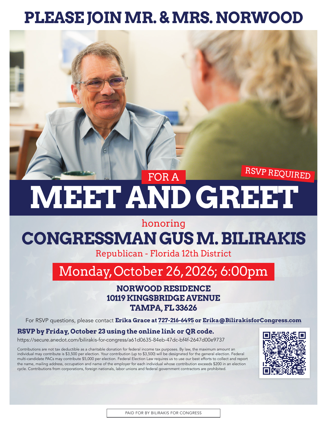Invitation: Meet and Greet honoring Congressman Gus M. Bilirakis, Monday October 26, 2026, 6:00 PM at the Norwood Residence, Tampa, FL