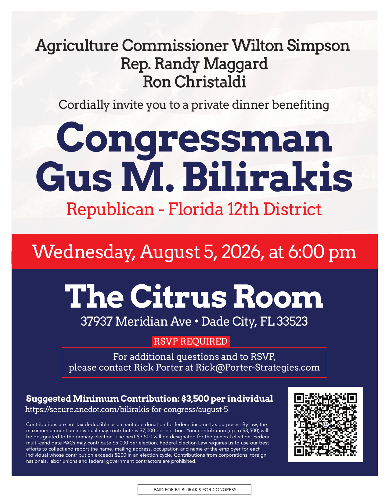 Invitation: Private dinner benefiting Congressman Gus Bilirakis, Wednesday August 5, 2026 at 6:00 PM at The Citrus Room, 37937 Meridian Ave, Dade City