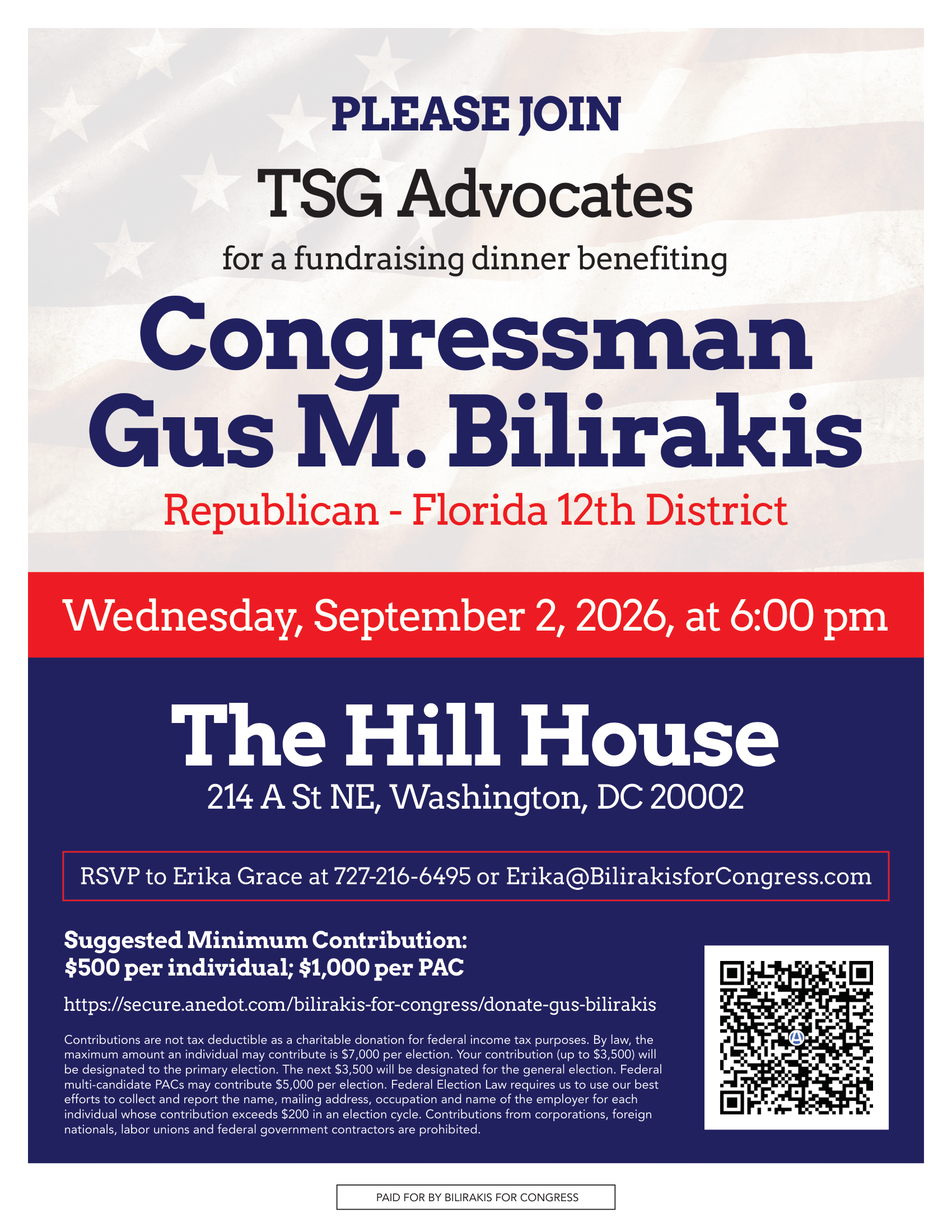 Invitation: Fundraising dinner benefiting Congressman Gus Bilirakis, Wednesday September 2, 2026 at 6:00 PM at The Hill House, 214 A St NE, Washington DC