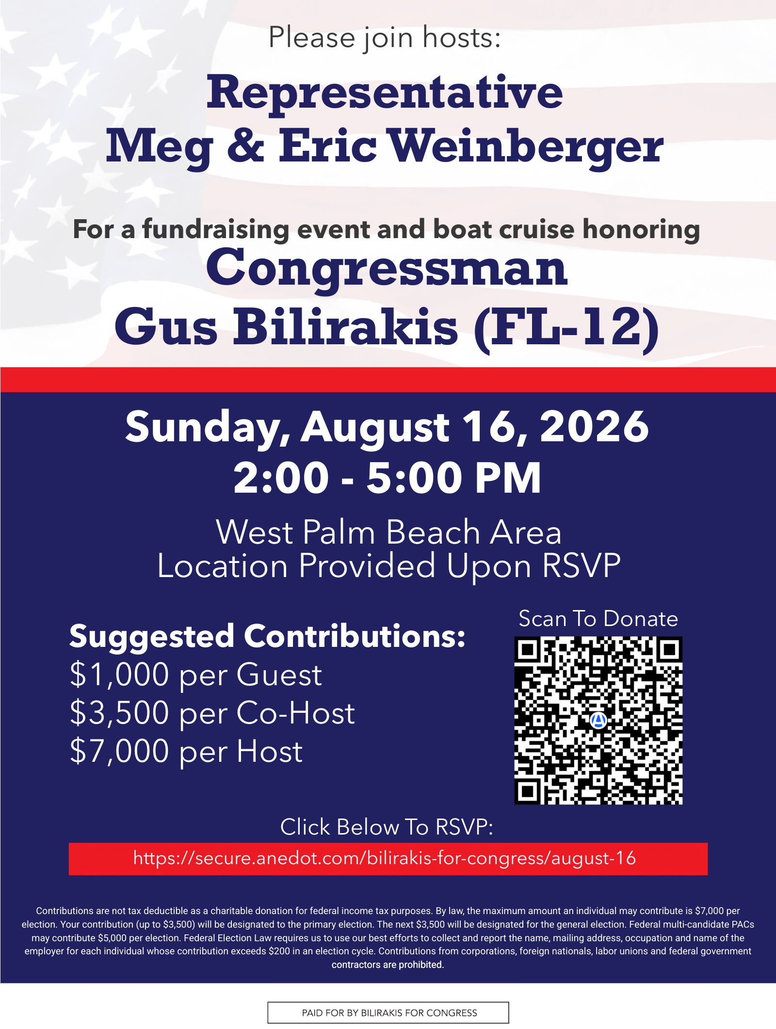 Invitation: Fundraising event and boat cruise honoring Congressman Gus Bilirakis, Sunday August 16, 2026 2-5 PM, West Palm Beach Area